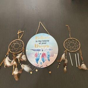 Three piece set of hanging dream catchers. Larger sign is 14x7.